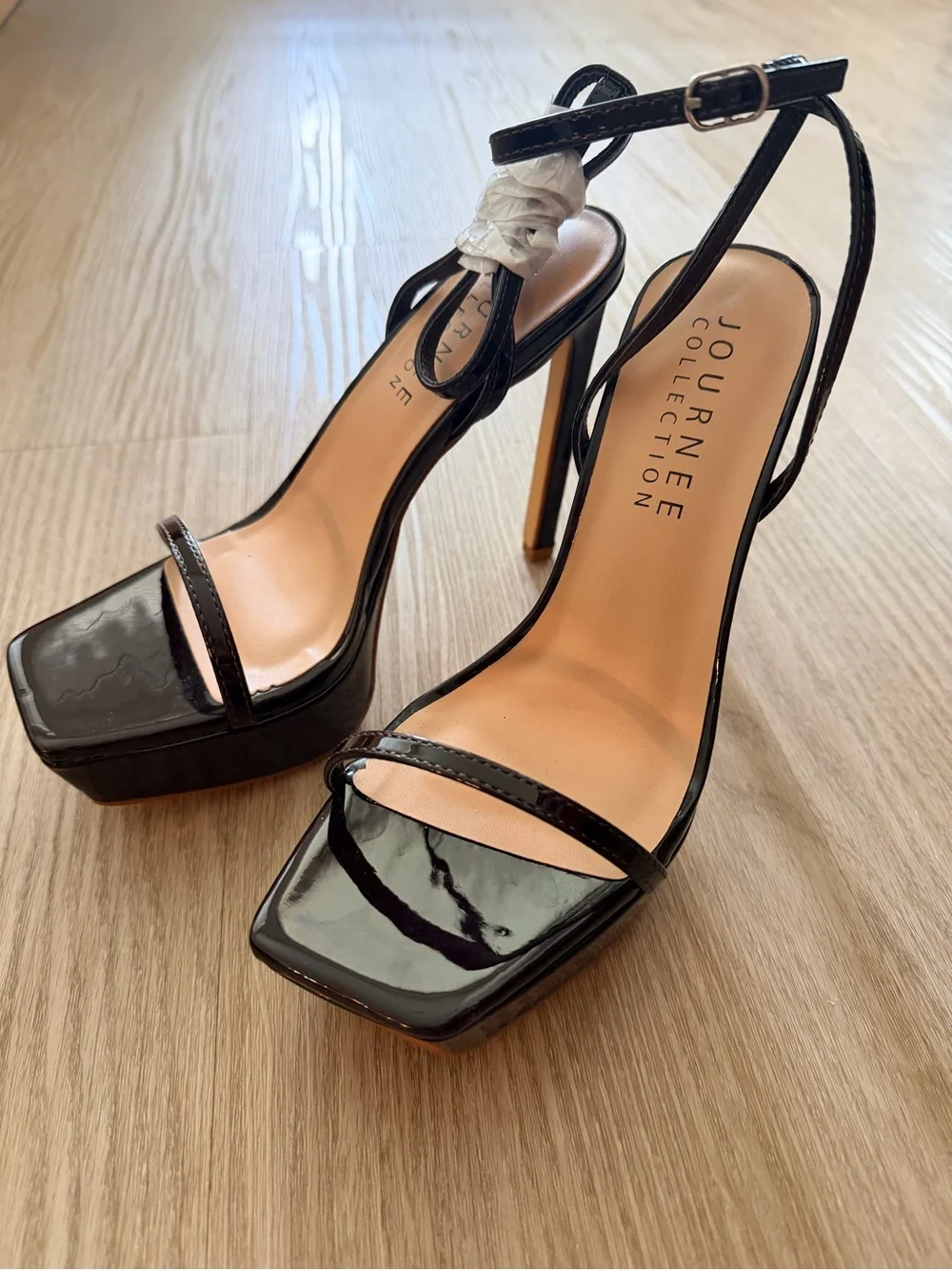 Journee Collection Brown Patent Platform Ankle-Strap Heels